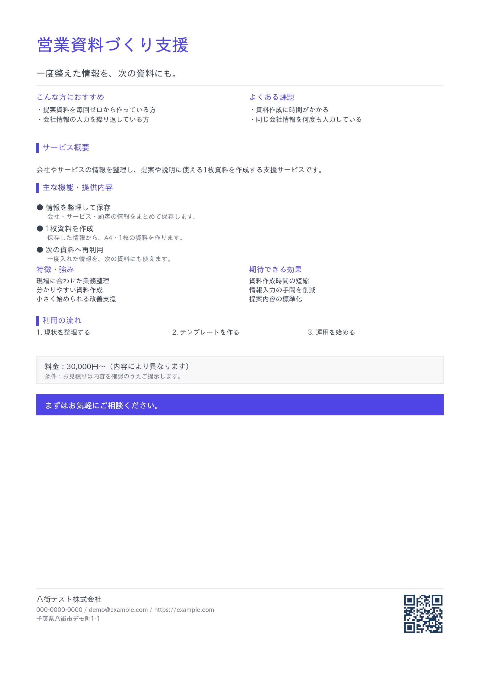 TARO提案で作成した商品・サービス紹介のA4・1枚資料(デモ)